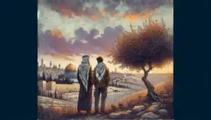 A wide, panoramic sketch depicting a serene Middle Eastern landscape in Palestine at dusk, with soft hues of orange and purple in the sky symbolizing two brothers - Hamas and Fatah Conflict - Geopolitics Journal